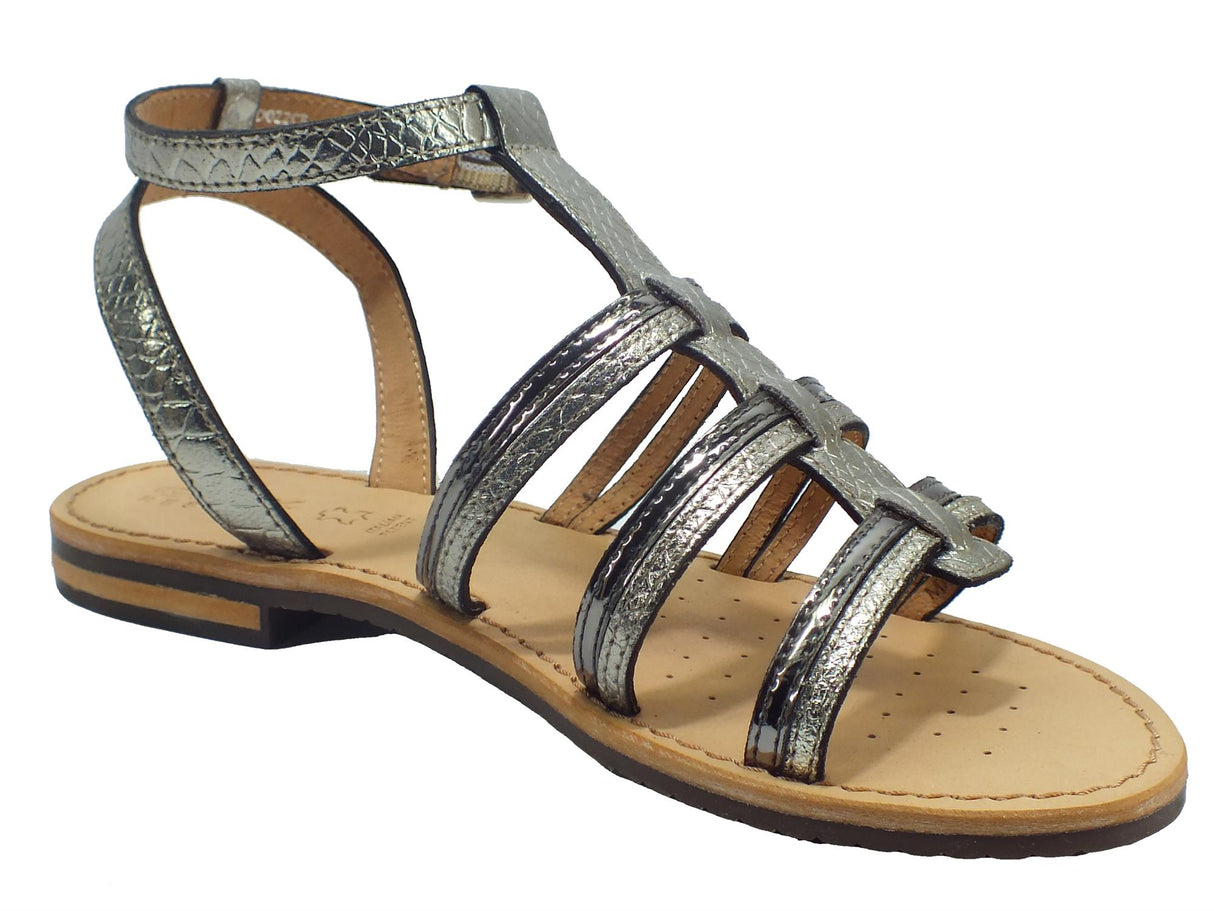 Geox Geox D022CE SOZY Melat Gun Sandali per Donna in pelle canna di fucile tacco basso canna di fucile e argento