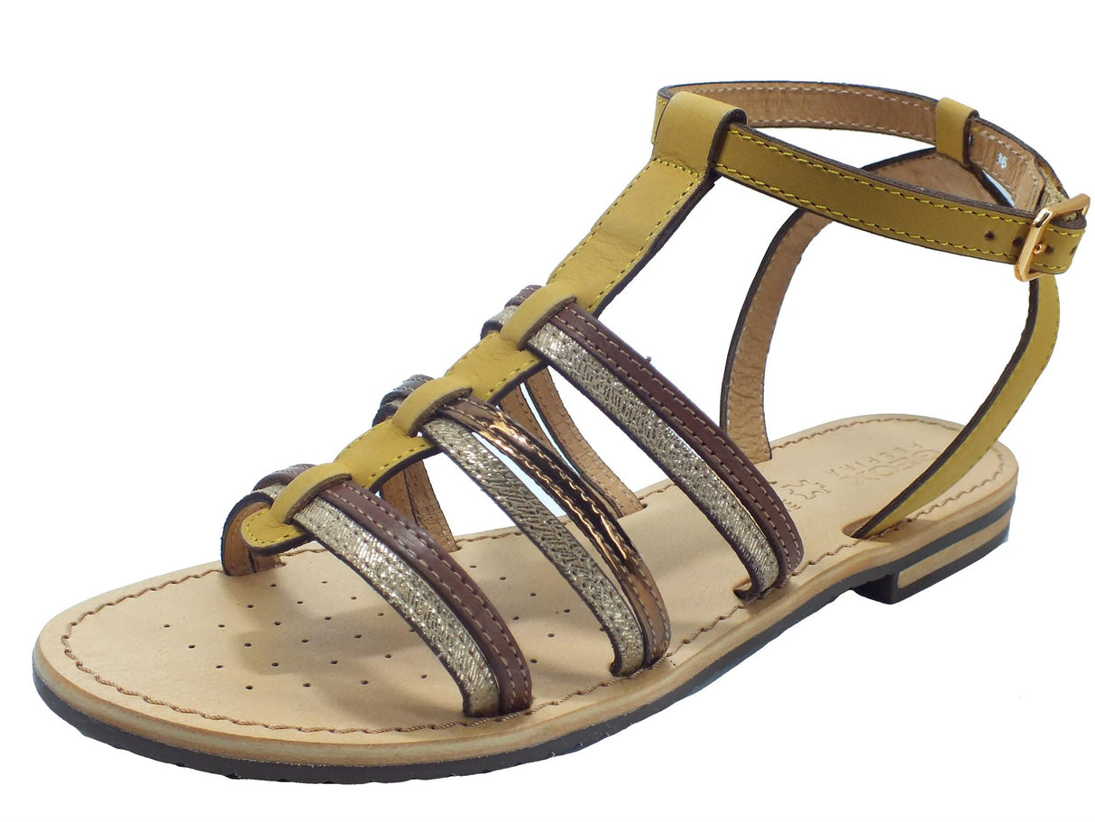Geox Geox D022CE SOZY Buffalo Ochre Dk Skin Sandali per Donna pelle ocra marrone argento tacco basso ocra, marrone e argento