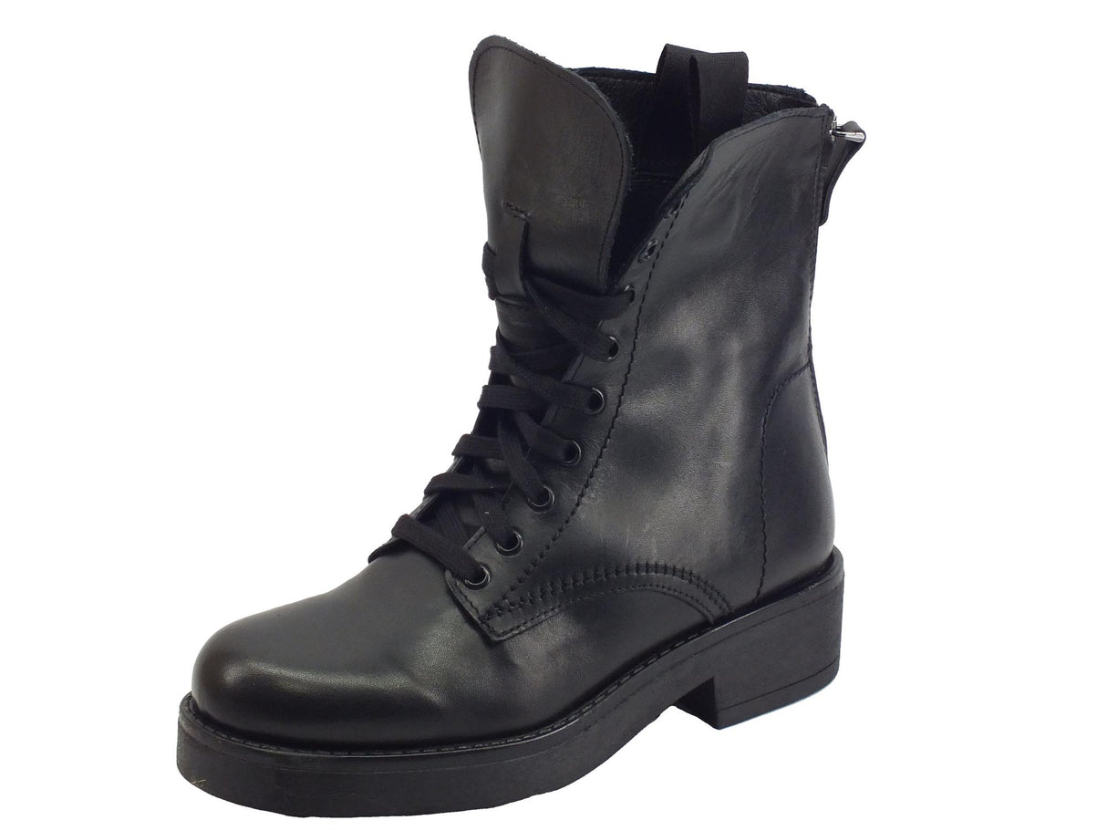 Stelio Malori STM Anfibi per Donna in vera pelle nera con lacci e lampo posteriore fondo alto Nero