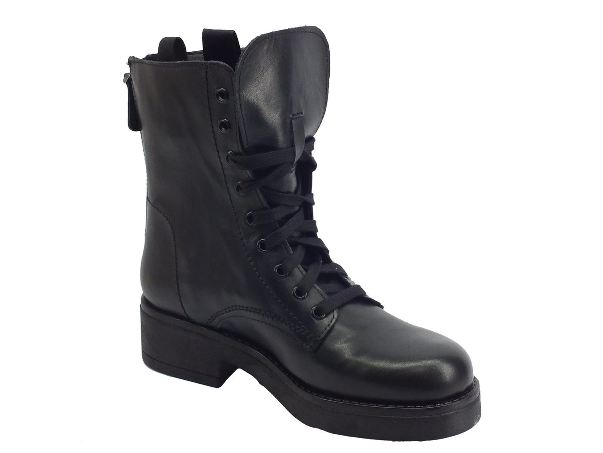 Stelio Malori STM Anfibi per Donna in vera pelle nera con lacci e lampo posteriore fondo alto Nero
