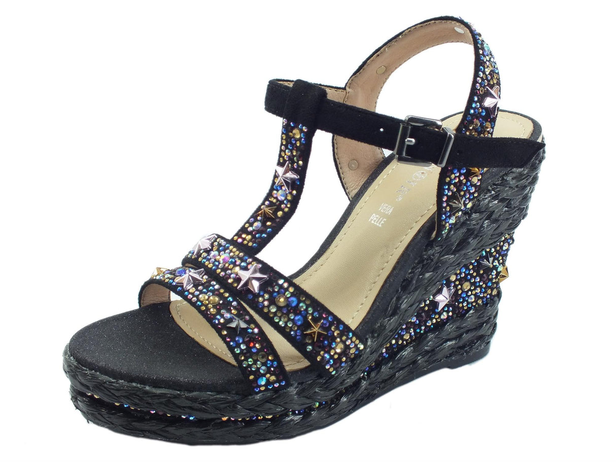 CafèNoir CAFèNOIR HE9210 Nero Sandali per Donna in pelle con bulloncini colorati e zeppa alta in corda nero