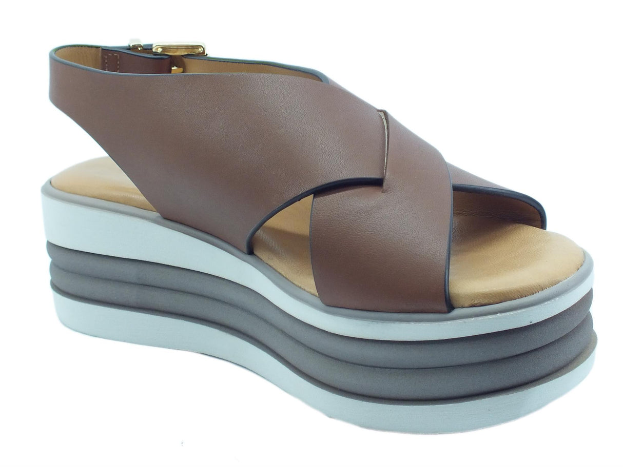 Valleverde Valleverde 28101 Vitello Cuoio Sandali per donna in pelle con zeppa media marrone