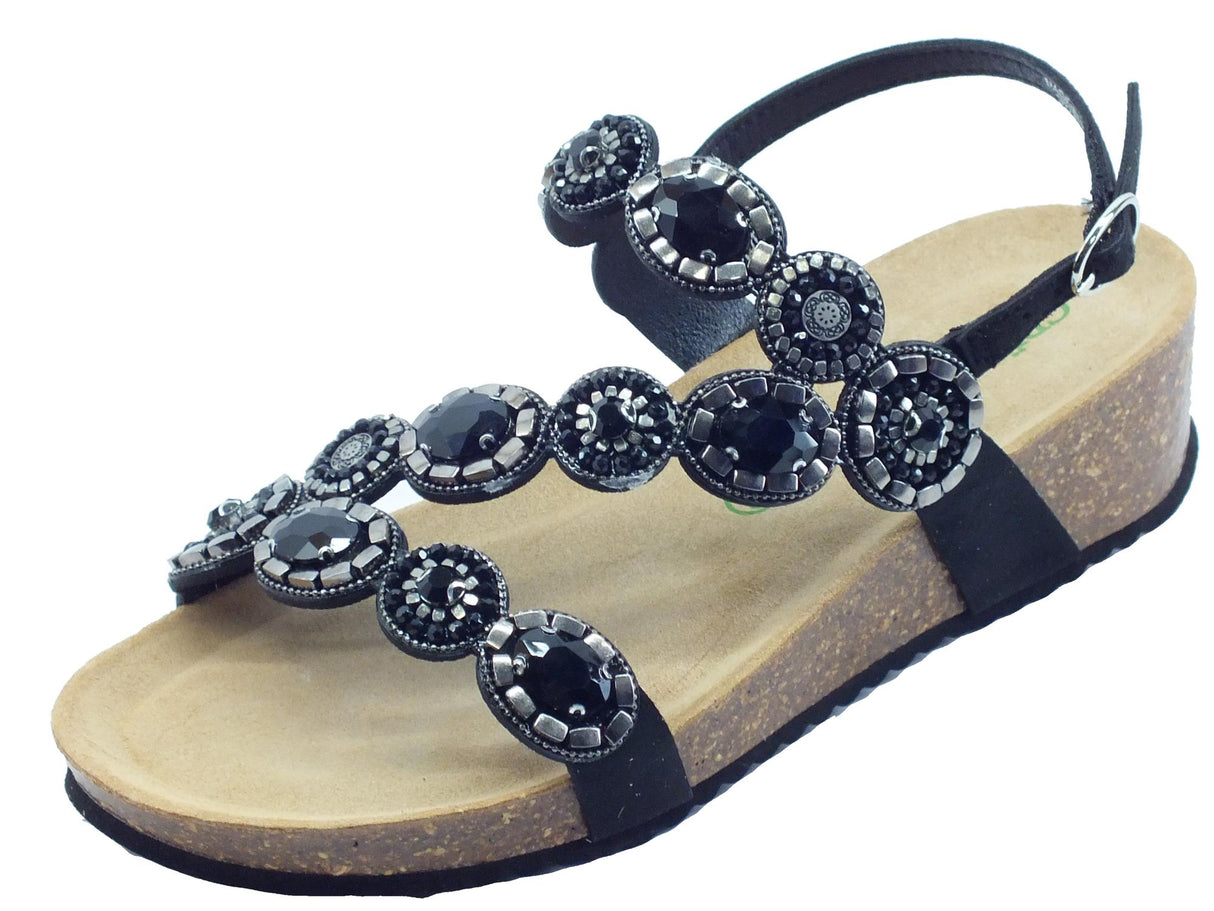 Grunland Grunland ANIN SB1870 Nero Sandali eleganti per Donna pietre nere zirconi argento zeppa bassa Nero