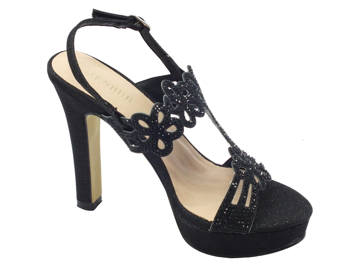 Menbur Menbur 22992 Black Sandali eleganti per Donna con strass nero tacco alto e plateau Black