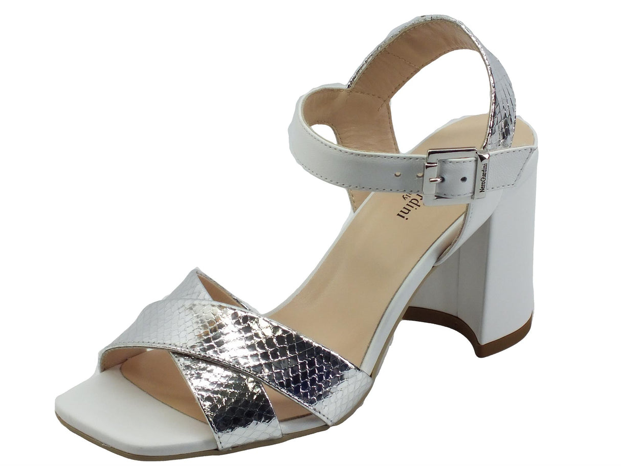 Nero Giardini NeroGiardini E218451DE Blade Vipera Nappa Bianco Sandali per Donna pelle tacco alto punta piatta Bianco Argento