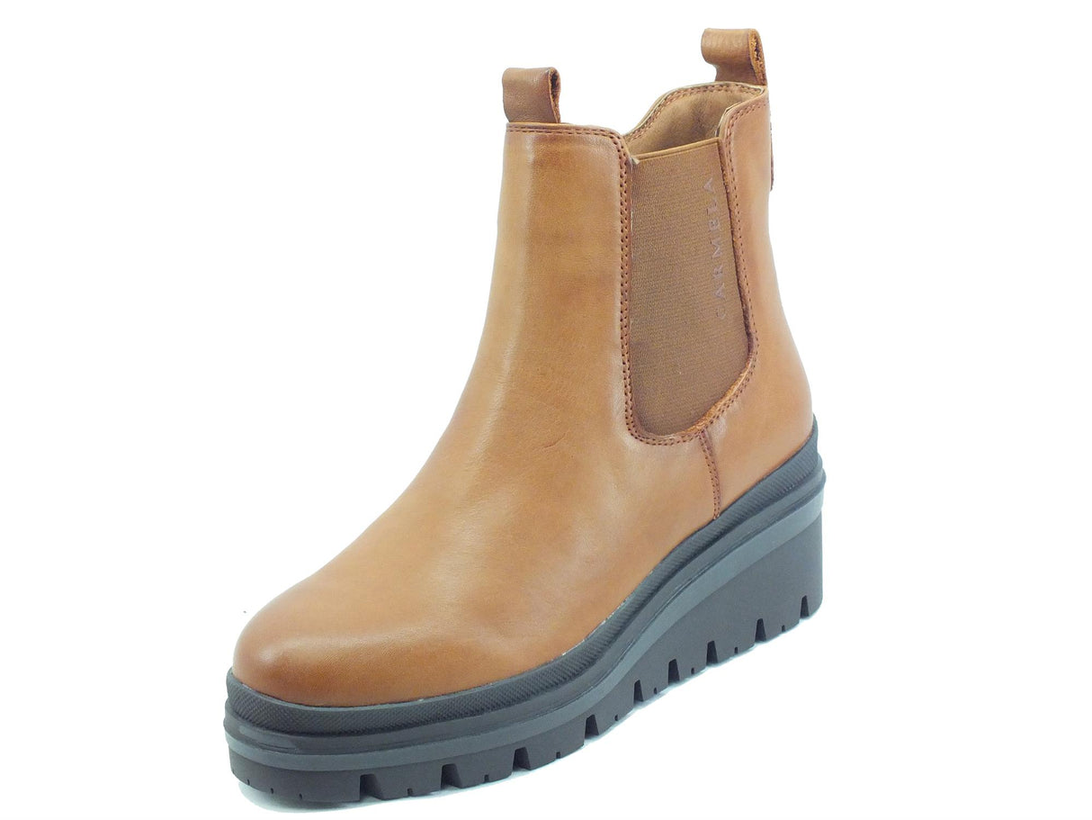 Carmela Carmela 160191 BN. Piel Camel Tronchetti per Donna in pelle lampo ed elastico zeppa media Piel Camel