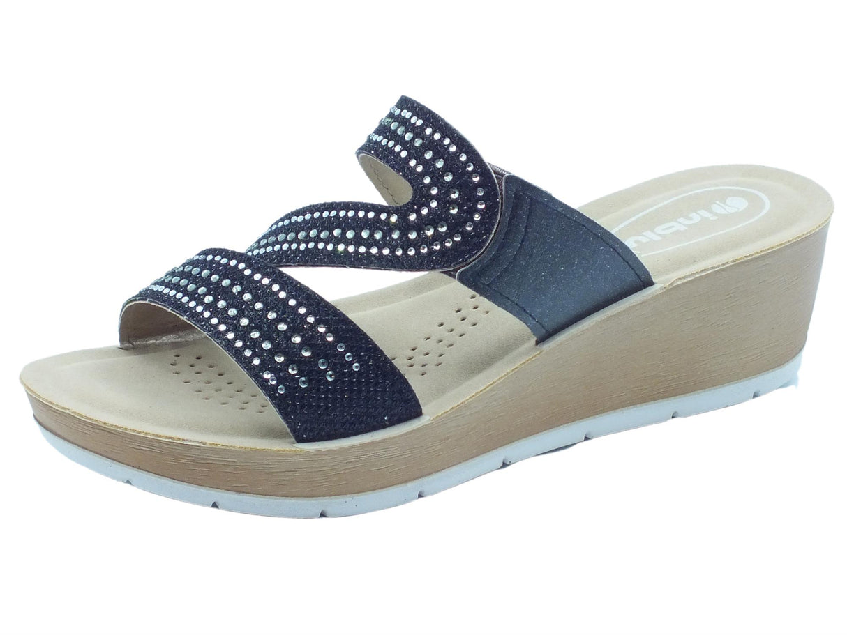 InBlu InBlu RN000015 Nero Ciabatte per Donna in ecopelle con brillanti zeppa media Nero