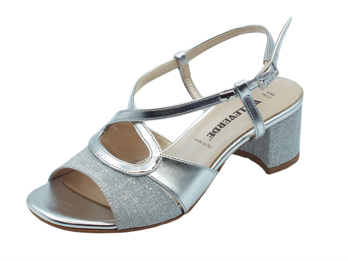 Valleverde Valleverde 28216 Argento Sandali eleganti tacco basso per donna in pelle e tessuto brillantinato Argento