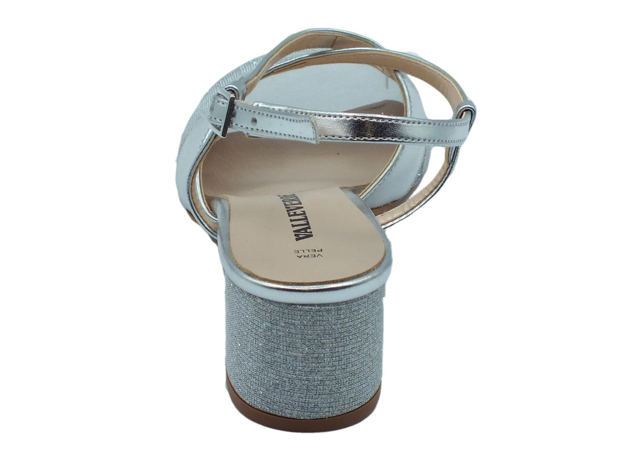 Valleverde Valleverde 28216 Argento Sandali eleganti tacco basso per donna in pelle e tessuto brillantinato Argento