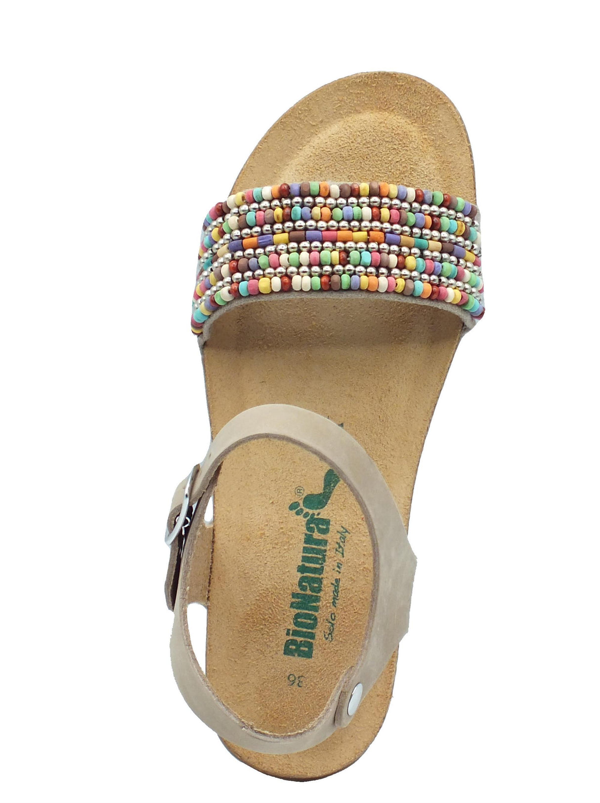 BioNatura BioNatura 34MARINA Imb Suede Beige Sandali per Donna con perline multicolore zeppa bassa Beige