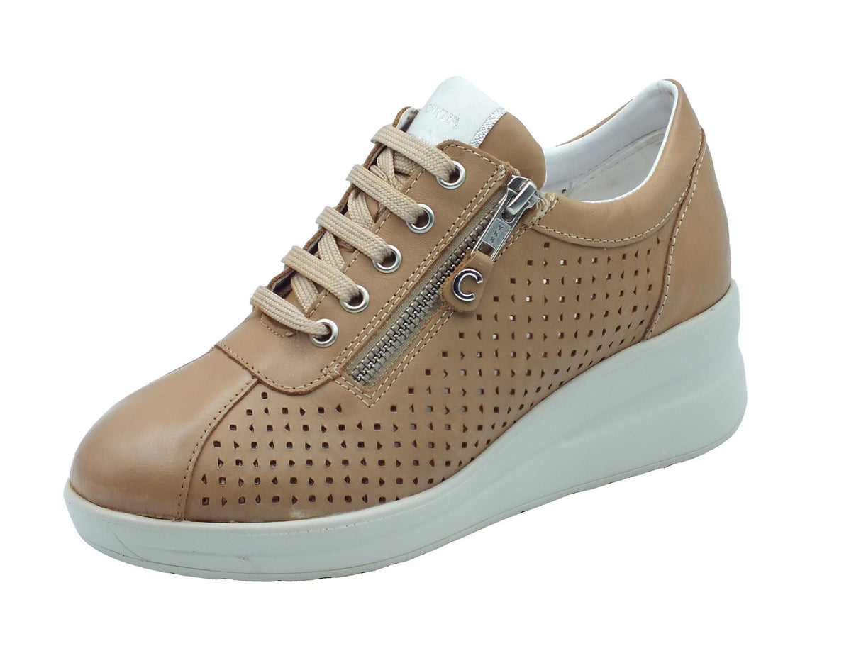 Cinzia Soft Cinzia Soft IV221781 Sesamo Sneakers Confort per Donna in pelle traforata marrone con lacci e lampo Sesamo