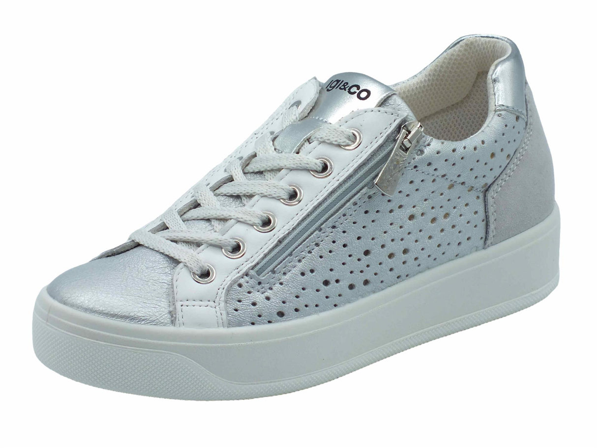 Igi&Co Igi&Co 5658211 Capra Met Wash Argento Sneakers confort per Donna in pelle con lacci e lampo Argento