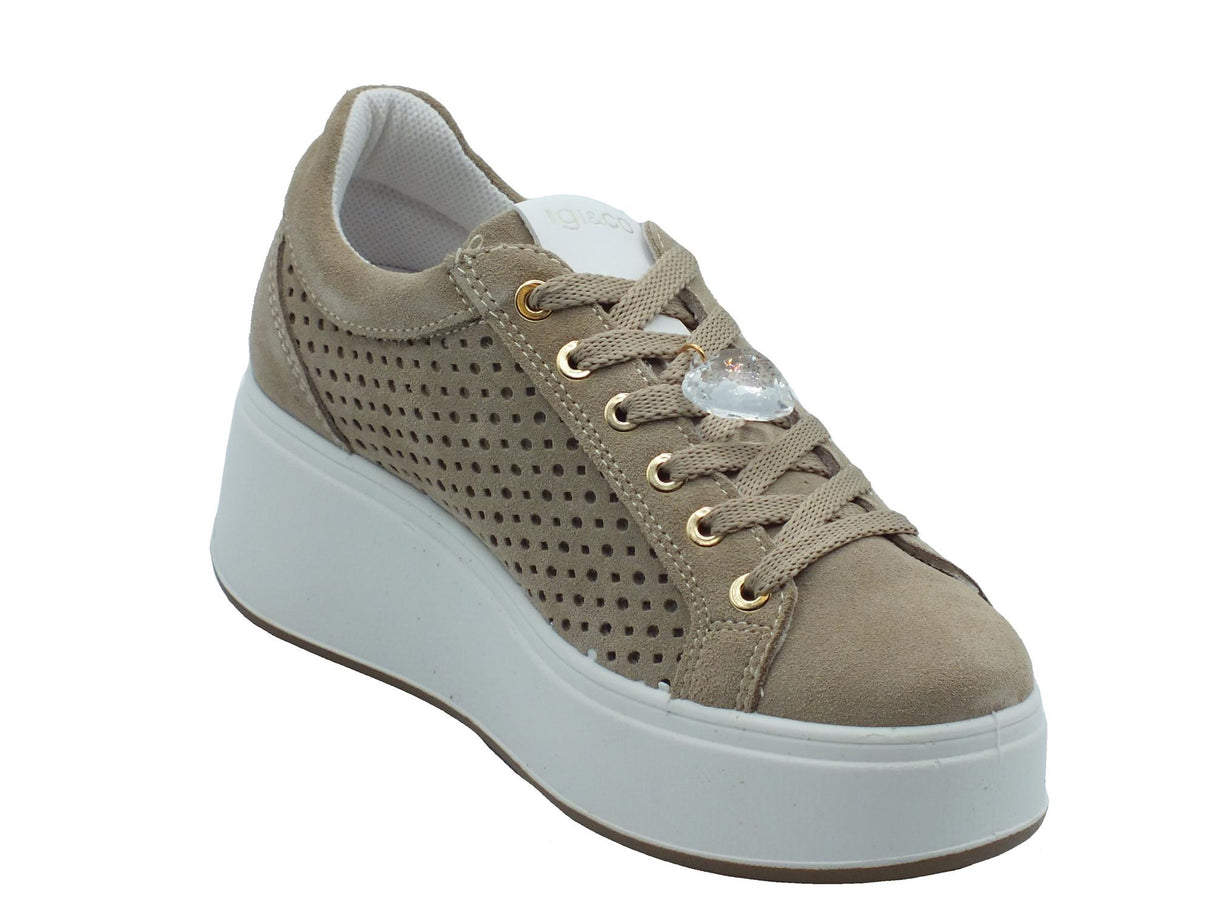 Igi&Co Igi&Co 5659511 Scamosciato Avorio Sneakers sportive per Donna in nabuk traforato con zeppa alta avorio