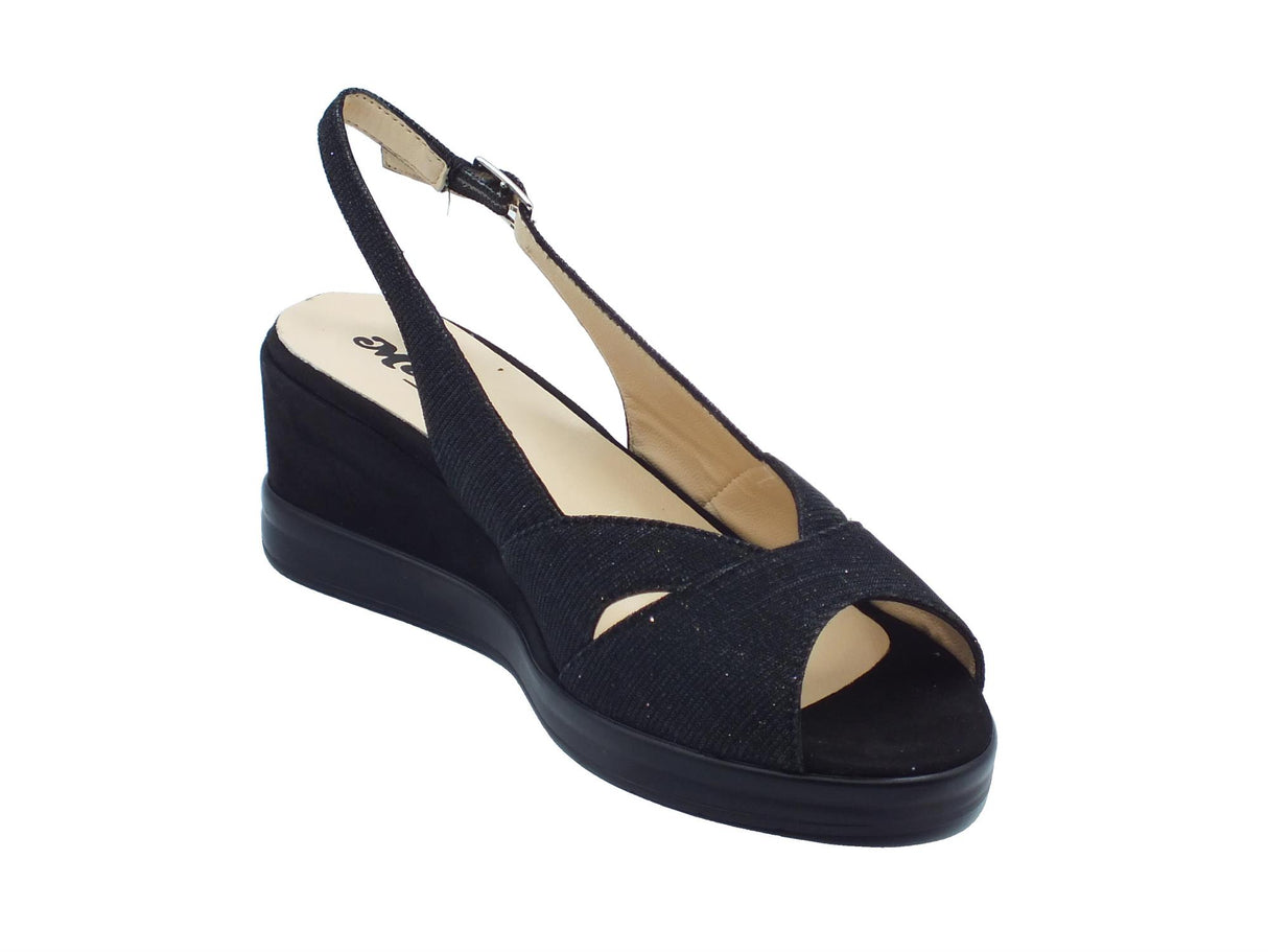 Melluso Melluso R80339 Nero Sandali per Donna in tessuto brillantinato con zeppa media Nero