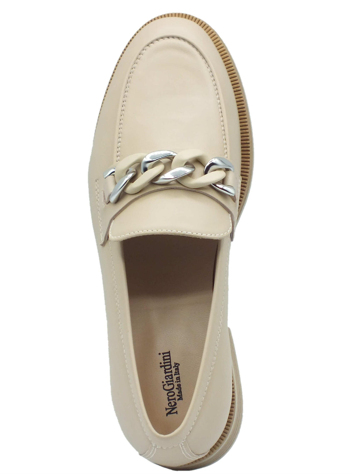 Nero Giardini NeroGiardini E409620D Nappa Lino Mocassini eleganti per Donna in pelle beige chiaro con tacco basso Lino