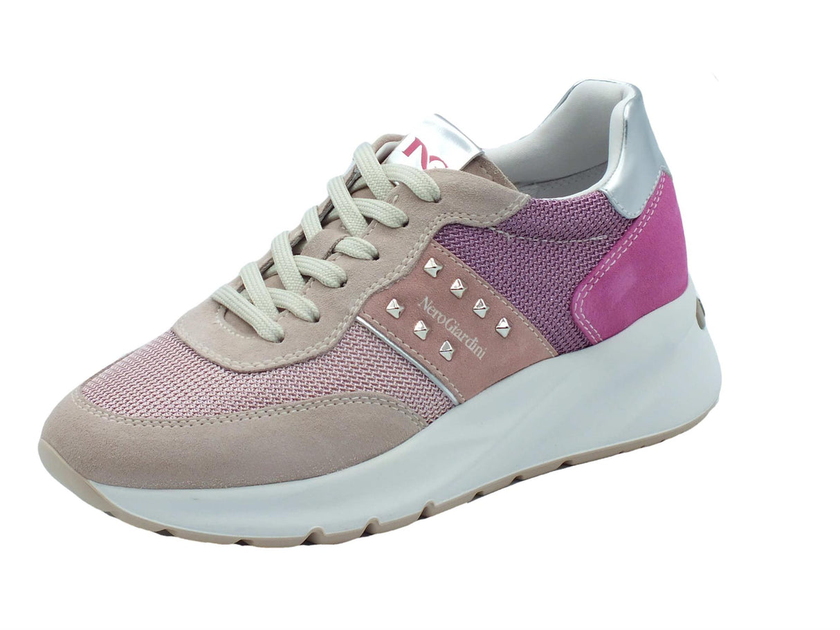 Nero Giardini NeroGiardini E409852D Velour Femme Sneakers Sportive per Donna in nabuk rosa beige con lacci rosa