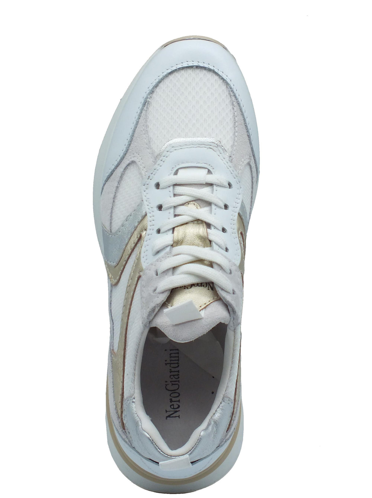 Nero Giardini NeroGiardini E409875D Skipper Bianco Sneakers Sportive per Donna in pelletessuto lacci e zeppa media Bianco