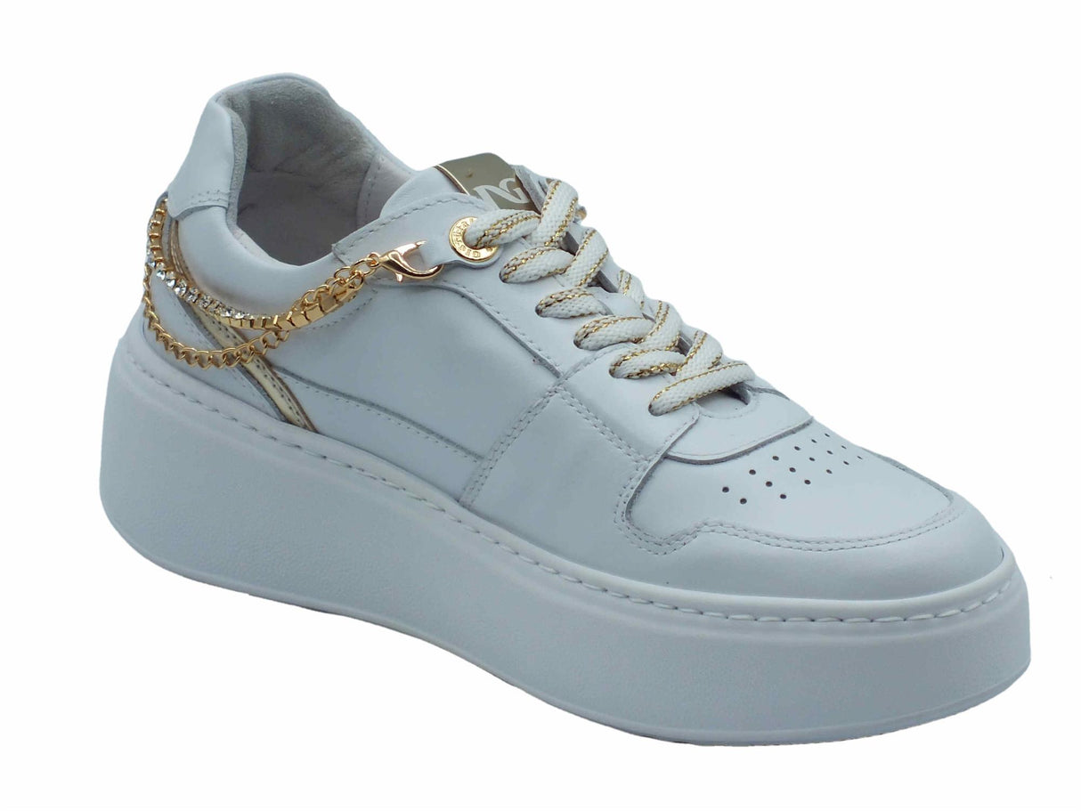 Nero Giardini NeroGiardini E409984D Skipper Bianco Sneakers per Donna in pelle con catenine oro Bianco