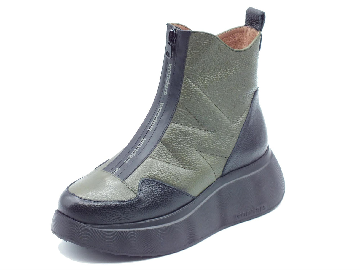 Wonders Wonders A-3613 Wild Negro Alga Tronchetti per Donna in pelle verde e nera lampo frontale verde