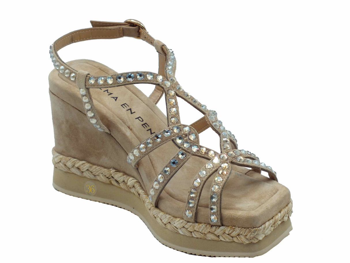 Alma en Pena Alma en Pena V251240 Suede Sand Sandali eleganti per Donna con brillanti argento zeppa alta Sand
