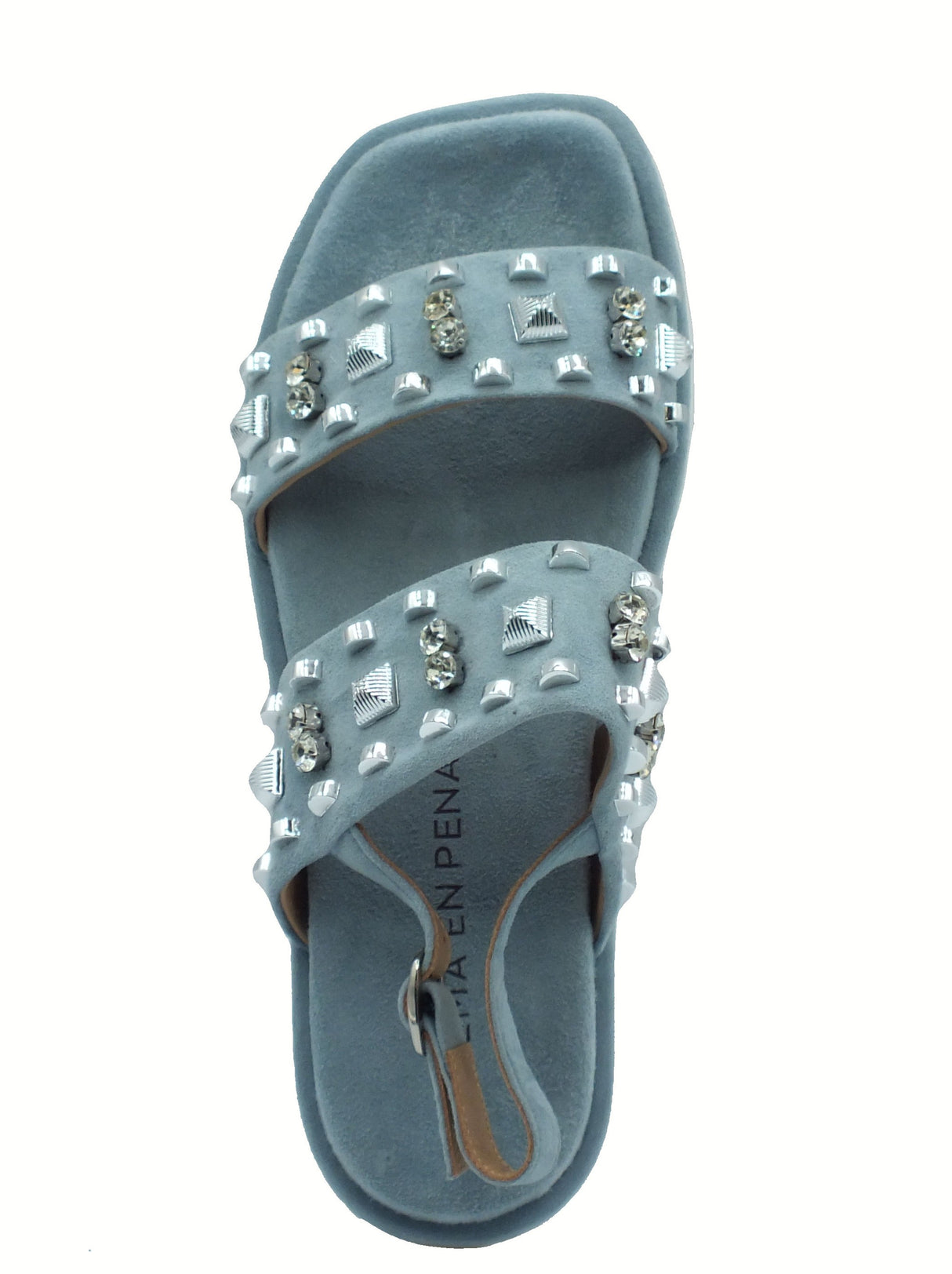 Alma en Pena Alma en Pena V251806 Suede Jeans Sandali eleganti per Donna con applicazioni argento zeppa bassa Jeans