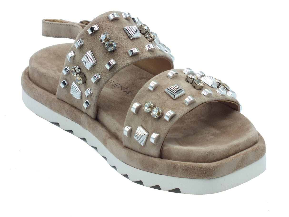 Alma en Pena Alma en Pena V251806 Suede Vison Sandali eleganti per Donna con applicazioni argento zeppa bassa Visone