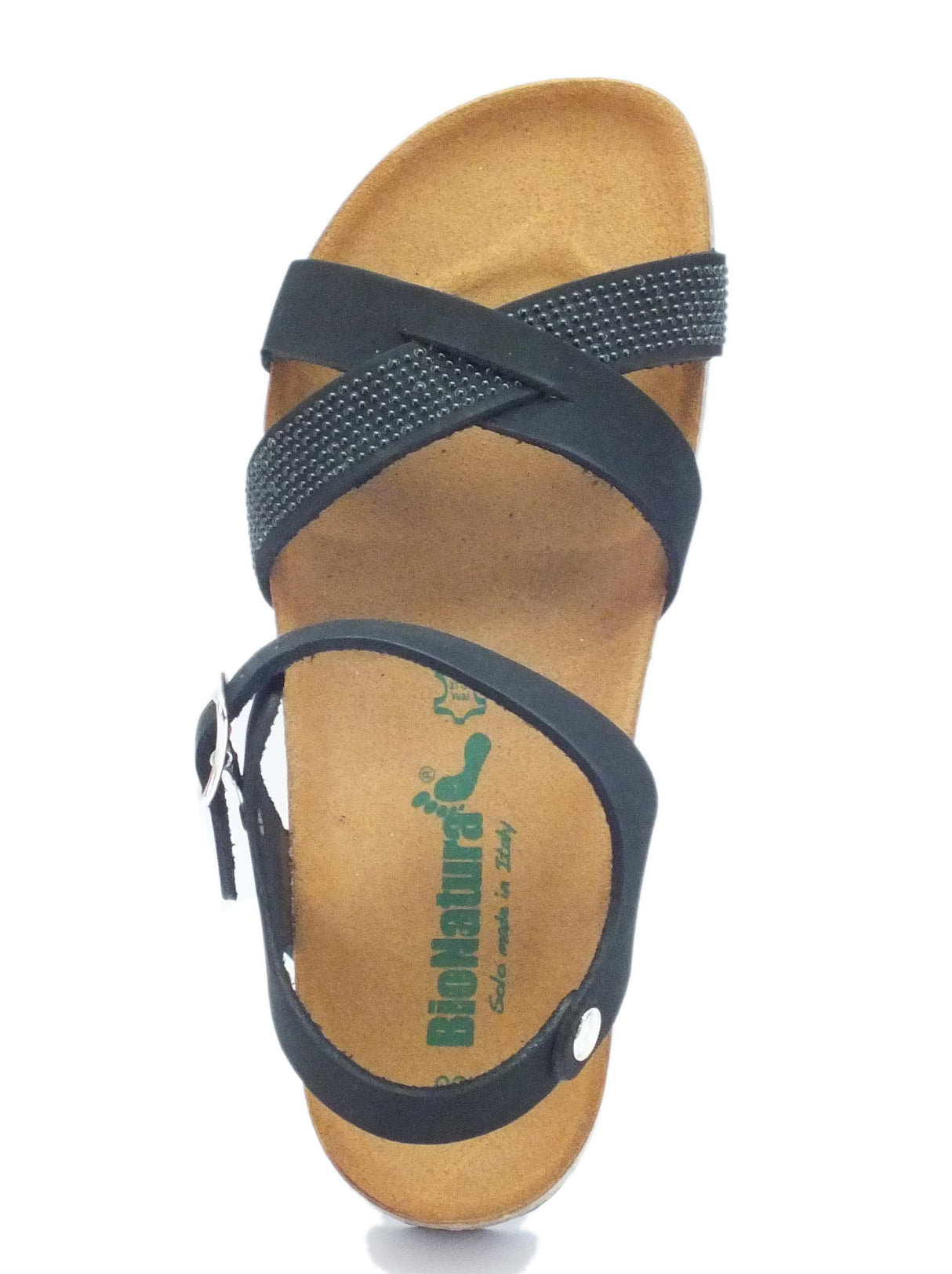 BioNatura Sandalo Bionatura per donna in nabuk nero con strass e zeppa bassa Nero