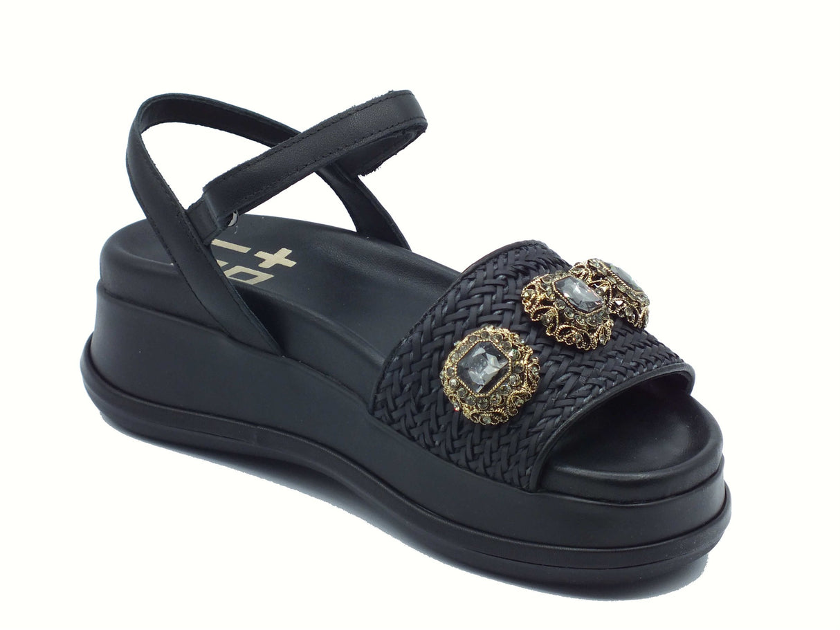 GIO+ GIO+ Mina04c Combi Black Sandali con zeppa media per Donna in pelle nera con applicazioni Black