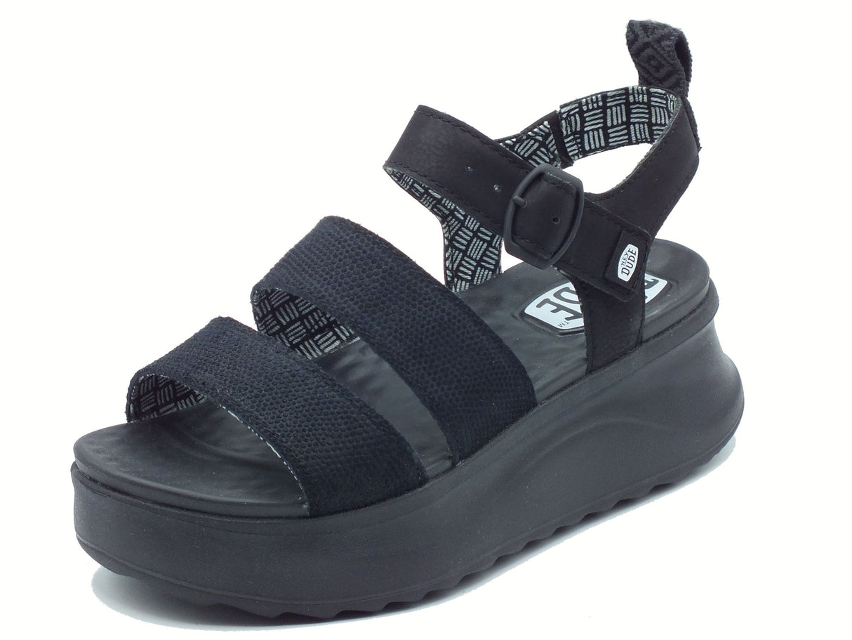 Hey Dude HeyDude 43198 Delray Buckle Classic Black Sandali per Donna in tessuto nero zeppa alta Black