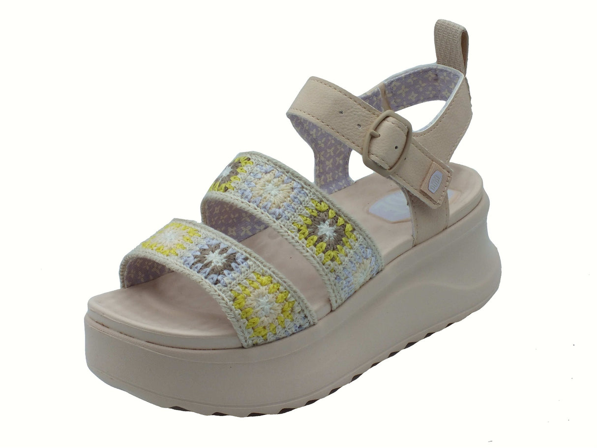 Hey Dude HeyDude 43200 Delray Buckle Cottage Crochet Erget Multi Sandali Donna tessuto beige zeppa alta beige