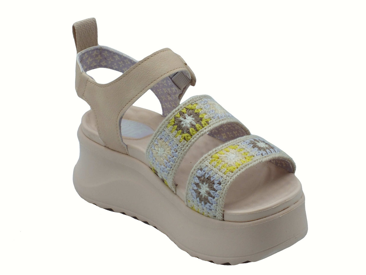 Hey Dude HeyDude 43200 Delray Buckle Cottage Crochet Erget Multi Sandali Donna tessuto beige zeppa alta beige