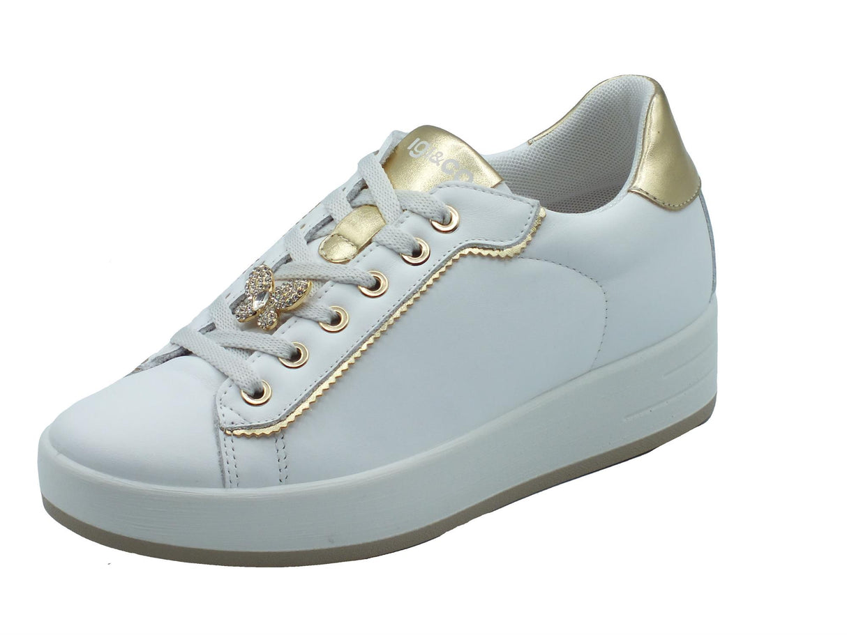Igi&Co Igi&Co 7655200 Nappa Soft Bianco Oro Sneakers confort per Donna in pelle con lacci e zeppa alta Bianco Oro