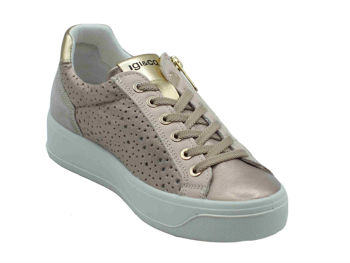 Igi&Co Igi&Co 7656411 Capra Met Wash Champagne Sneakers confort per Donna in pelle con lacci e lampo Champagne