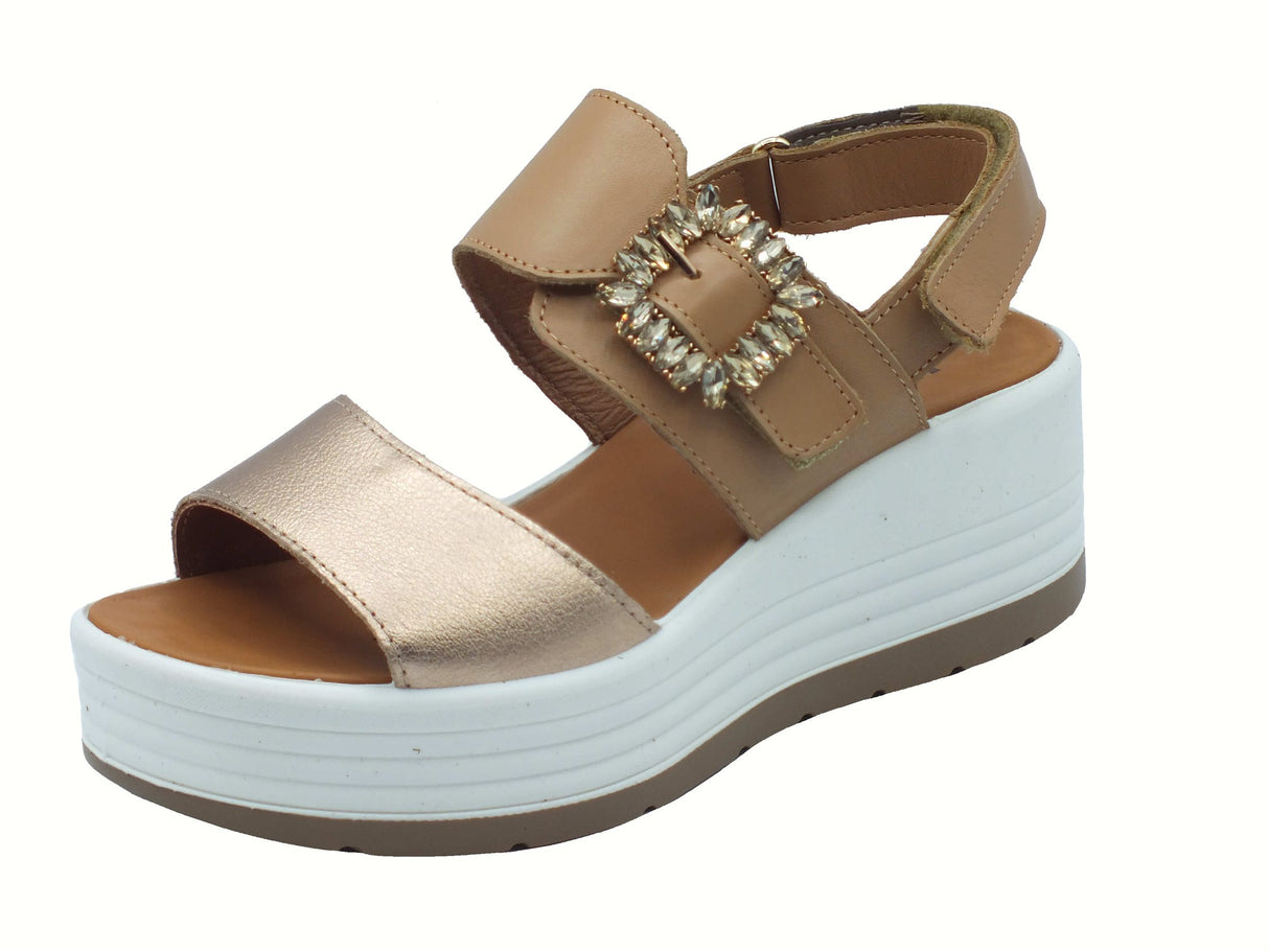Igi&Co Igi&Co 7667311 Nappa Champagne Sandali per Donna in pelle con zeppa alta triplo strappo Champagne