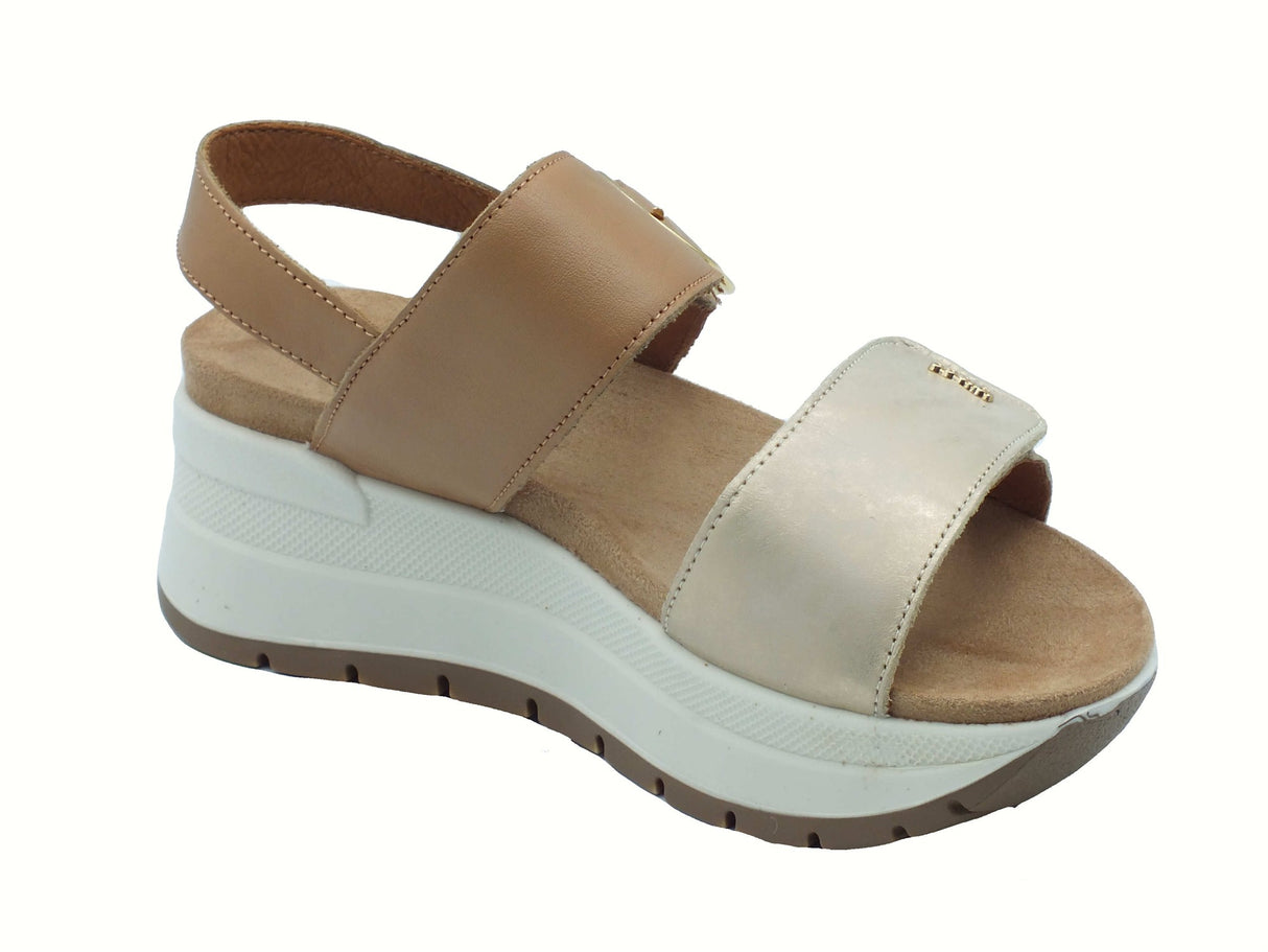 Igi&Co Igi&Co 7677644 Vitello Lam Bianco Nocciola Sandali per Donna in pelle con zeppa alta doppio strappo Bianco Nocciola