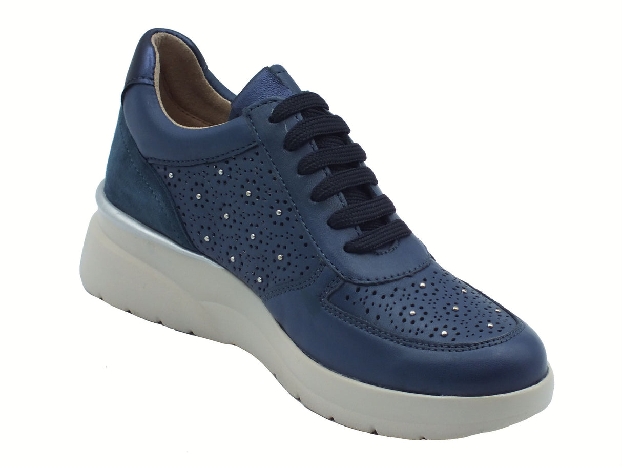 Melluso Melluso Walk K55446 Navy Sneakers per Donna in pelle con lacci e lampo zeppa bassa Navy
