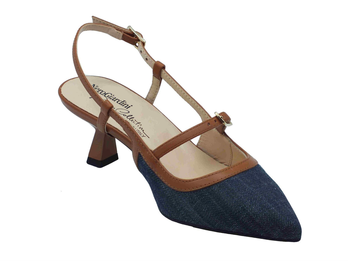 Nero Giardini NeroGiardini E512254DE Jeans Cognac Decoltè eleganti per donna con doppio cinturino e tacco basso Cognac