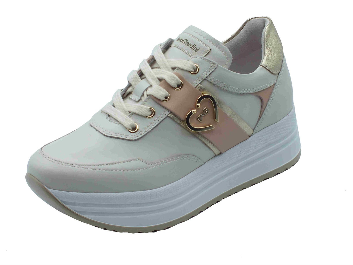Nero Giardini NeroGiardini E512911D Velvet Nappa Osso Sneakers moda per Donna in pelle con zeppa alta bianco osso