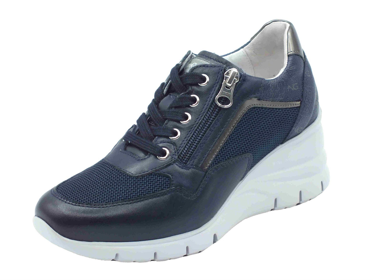 Nero Giardini NeroGiardini E512940D Premium Wave Blu Notte Sneakers per Donna in pelle e rete zeppa alta Blu Notte
