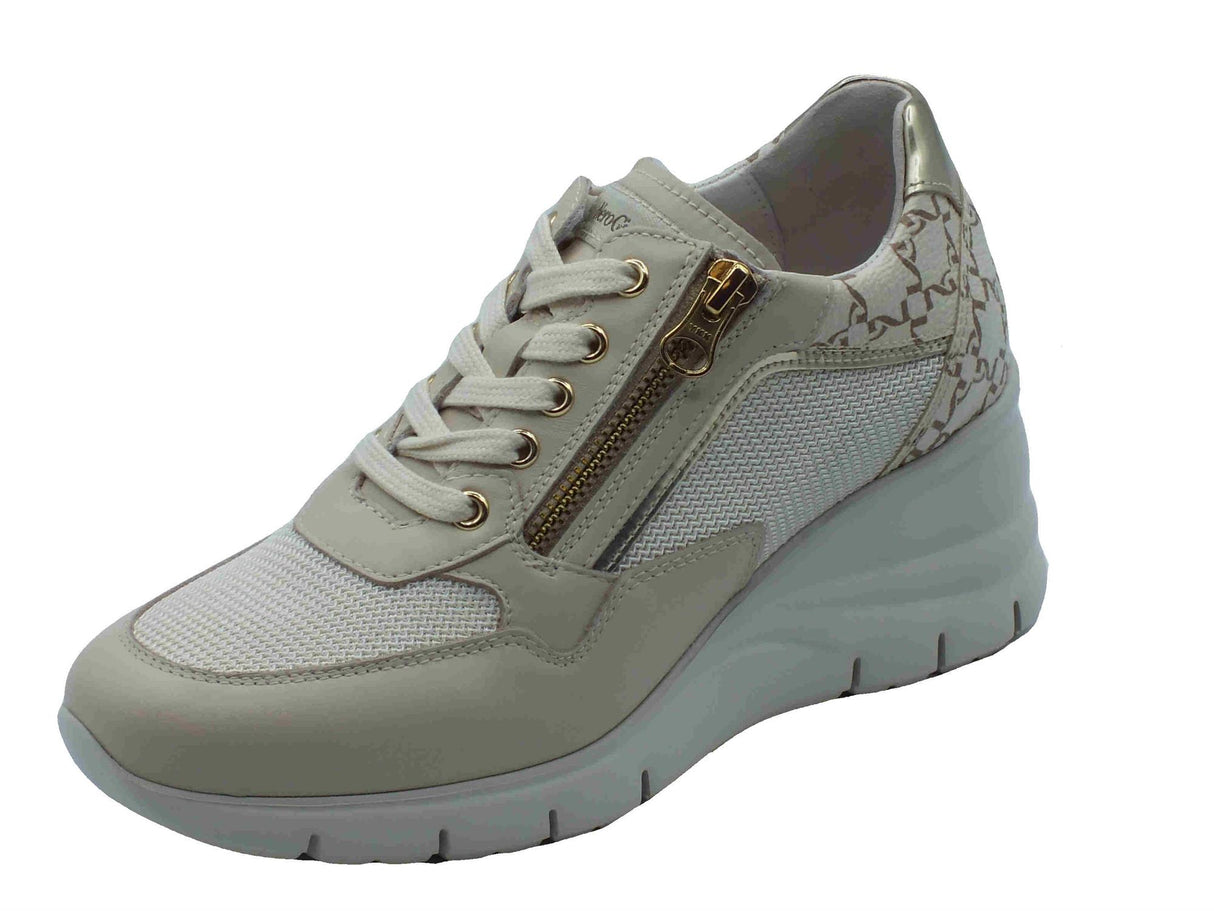 Nero Giardini NeroGiardini E512940D Skipper Rete Milk Osso Sneakers per Donna in pelle zeppa alta bianco osso