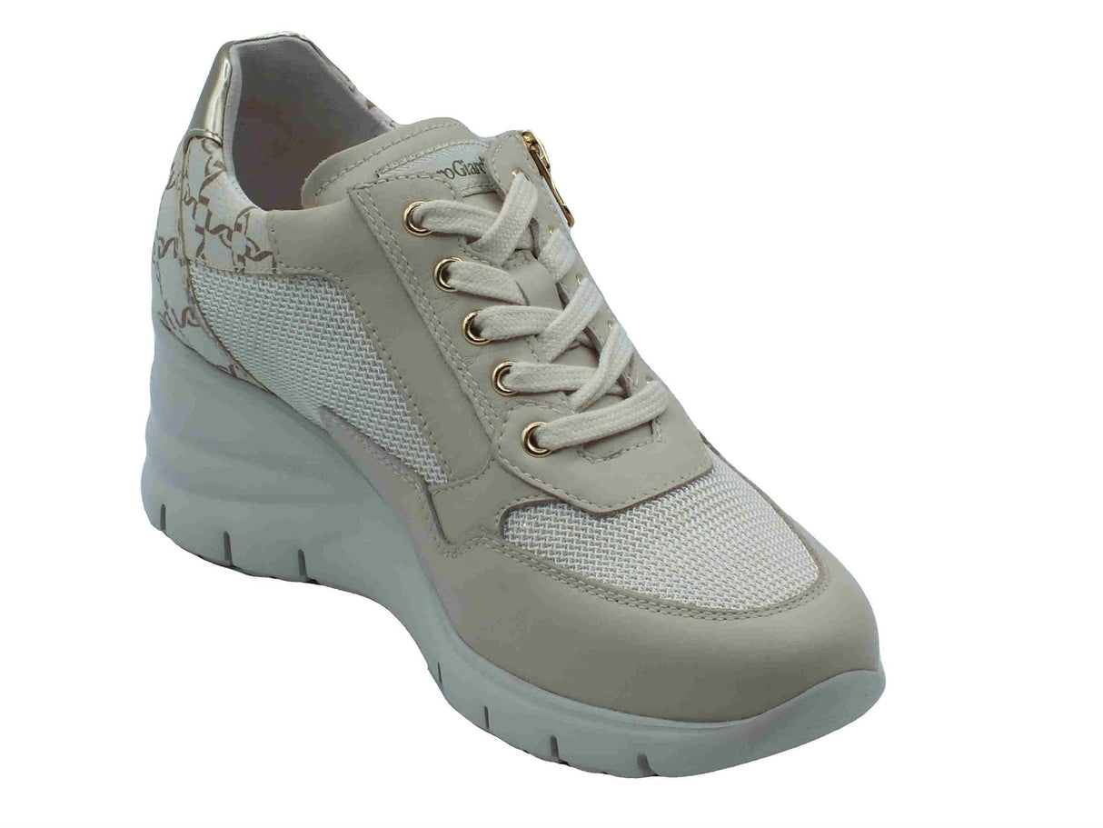 Nero Giardini NeroGiardini E512940D Skipper Rete Milk Osso Sneakers per Donna in pelle zeppa alta bianco osso