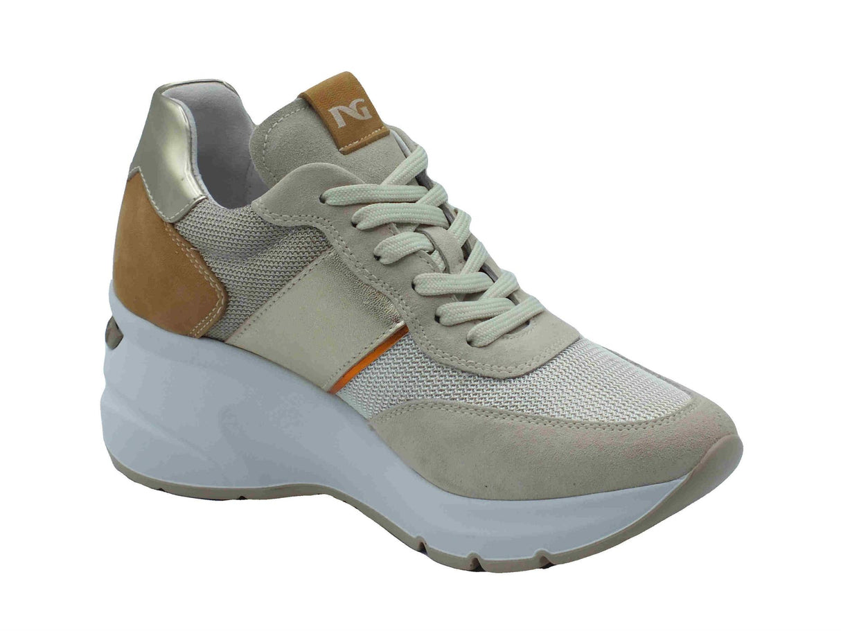 Nero Giardini NeroGiardini E512961D Velour Rete Yogurt Sneakers per Donna in nabuk e rete beige zeppa alta beige