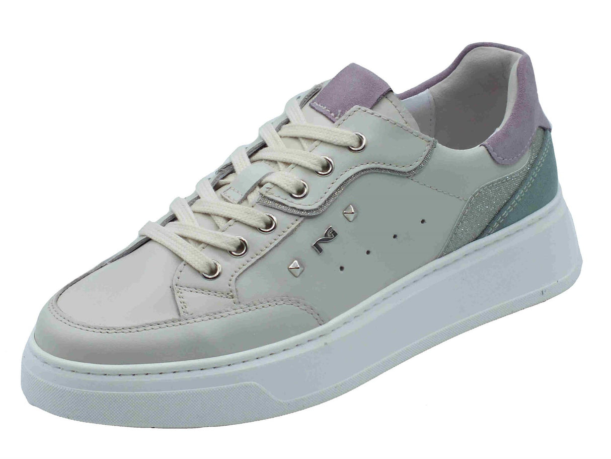 Nero Giardini NeroGiardini E513063D Velvet Osso Microglitter Sneakers Sportive per Donna in pelle zeppa bassa bianco