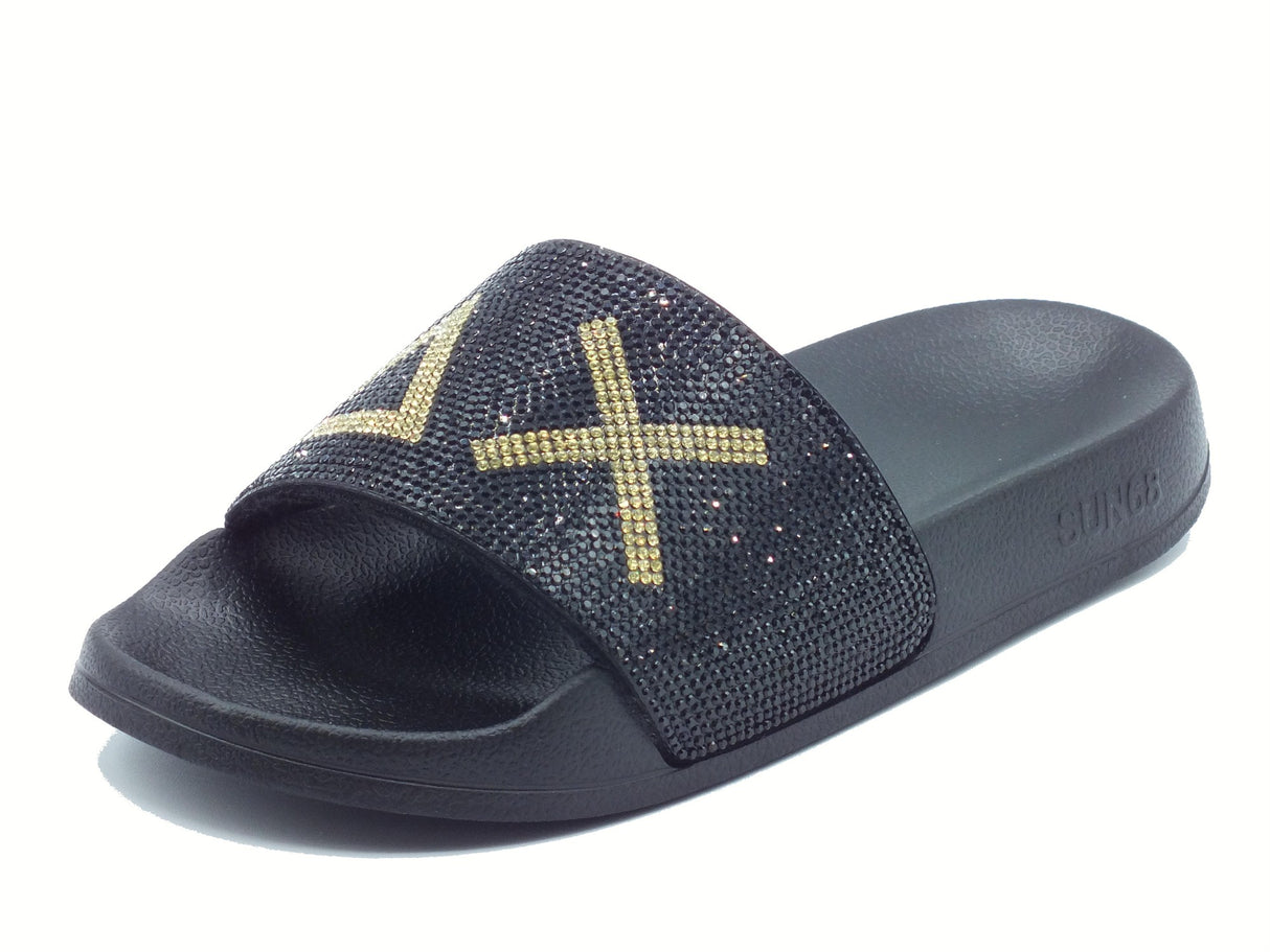 SUN68 SUN68 X35205 Slippers Logo Strass Nero Ciabatte per Donna in gomma Nero