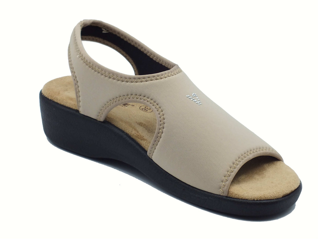 Valleverde Valleverde 37501 Beige Sandali con zeppa bassa per Donna in tessuto elasticizzato Beige