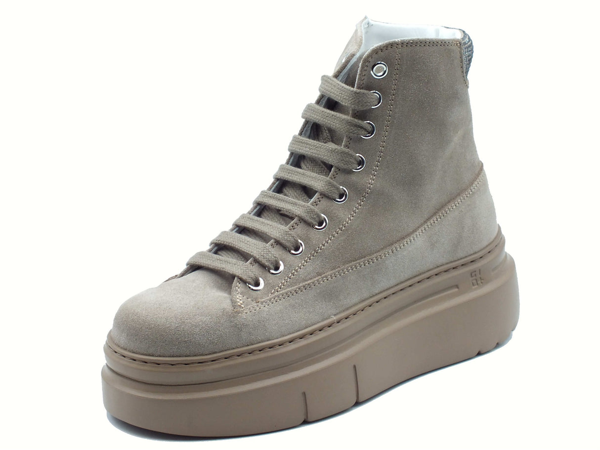 GIO+ GIO+ ARIA212C Combi Tortora Tronchetti per Donna in camoscio con zeppa media Combi Tortora