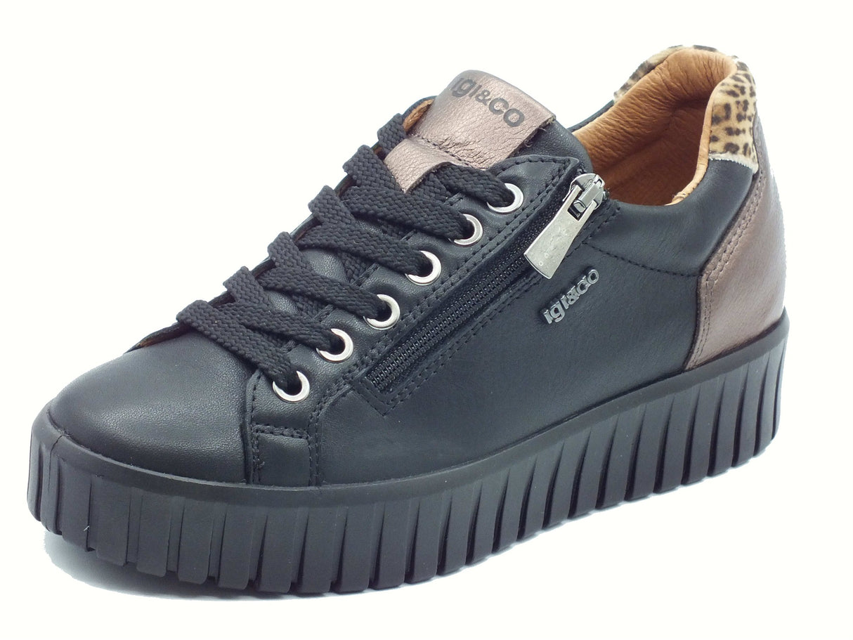 Igi&Co Igi&Co 8680100 Nappa Soft Nero Sneakers con zeppa per Donna in pelle con lampo e lacci Nero