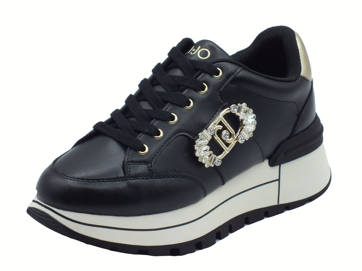 LIU JO LIU JO BF5043 Amazing Black Sneakers moda per Donna in pelle nera con zirconi e zeppa Black