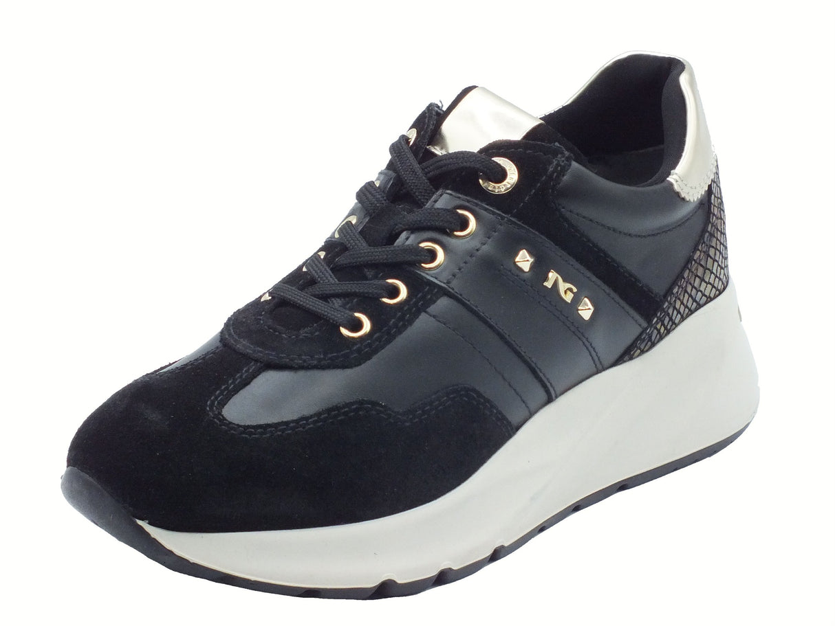 Nero Giardini NeroGiardini I514065D Arold Nero Sneakers per Donna in pelle zeppa alta elementi oro Nero