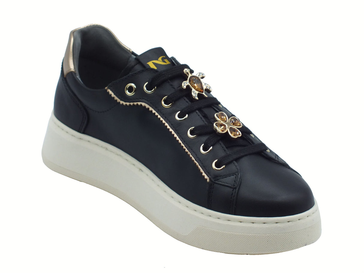 Nero Giardini NeroGiardini I514170D Guanto Nero Sneakers per Donna in pelle zeppa bassa applicazioni ambra Nero